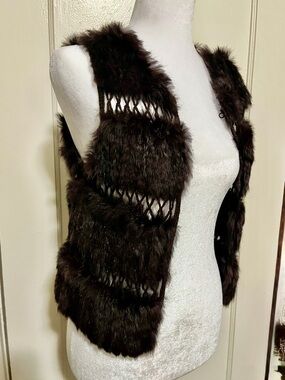 BCBG Women’s Dark Brown Rabbit Fur Crochet Open Front Vest